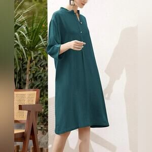 MEOMUA Dark Teal Linen Button Down Shift Dress Knee Length Size Small